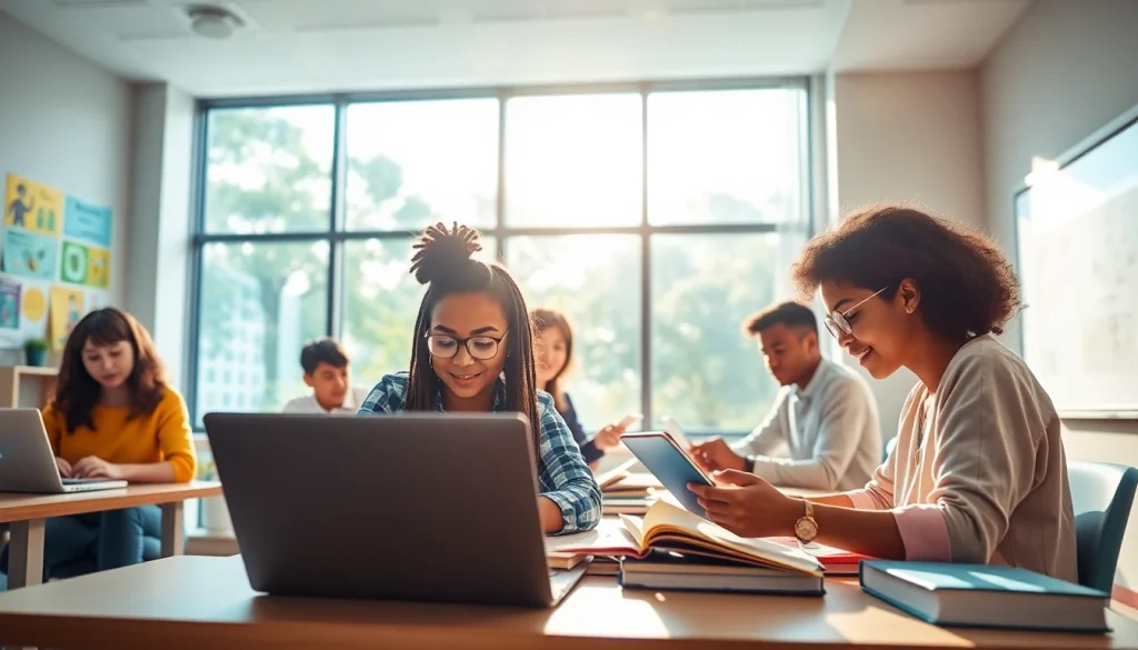 Education scene with diverse students collaborating in a modern classroom.