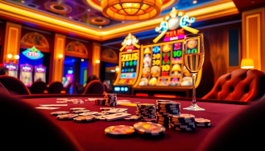 Rasakan sensasi aksi Zeus slot saat pemain terlibat dengan estetika kasino yang hidup, mesin yang menyala, dan meja poker.