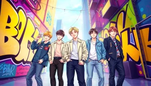 Celebrating the bts members in a dynamic urban setting with vibrant colors and engaging expressions.