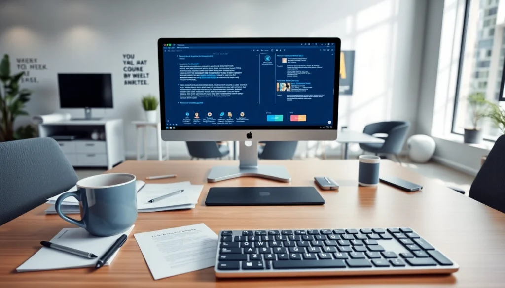 Typing center workspace showcasing a modern desk setup with a keyboard and organized documents.