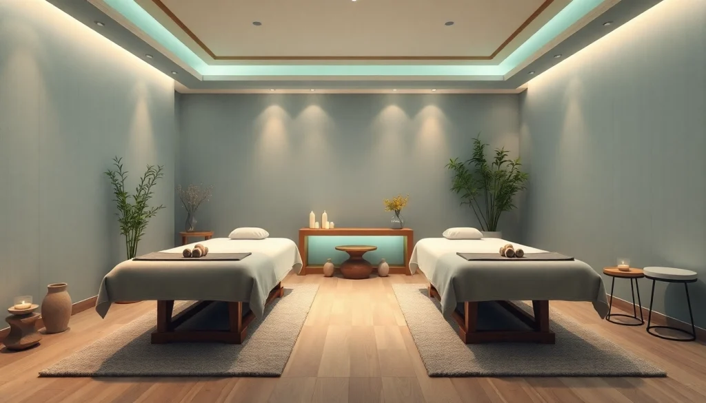 출장 services in a luxurious and tranquil massage room with calming decor.