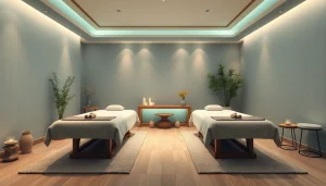 출장 services in a luxurious and tranquil massage room with calming decor.