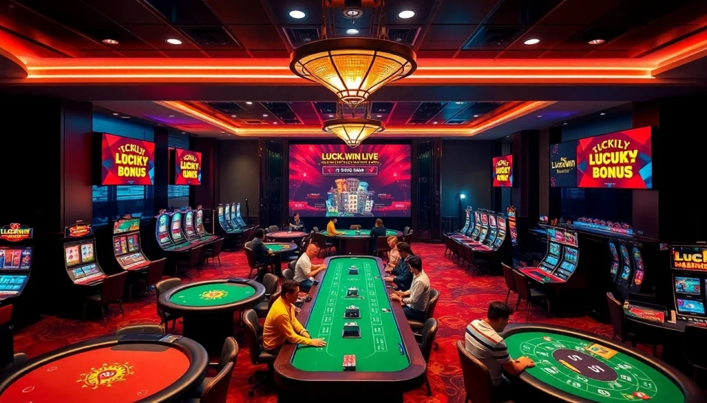 Exciting casino scene at luck8win.live with players at gaming tables and vibrant lighting.