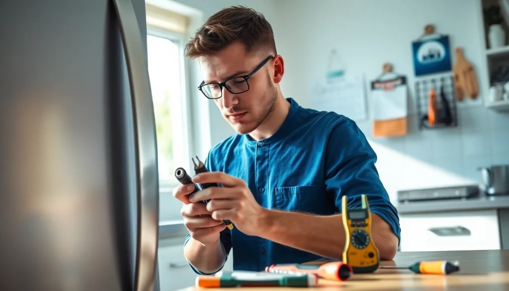 Technician performing refrigerator repair ottawa in a professional kitchen, showcasing tools.