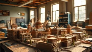 Architekturmodellbau Münster: Detailliertes Architekturmodell in einem kreativen Werkstattumfeld.