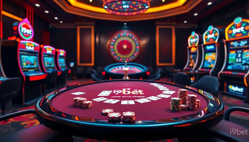 Experience the thrill of i9bet with vibrant casino gaming visuals featuring sleek tables and exciting gambling machines.