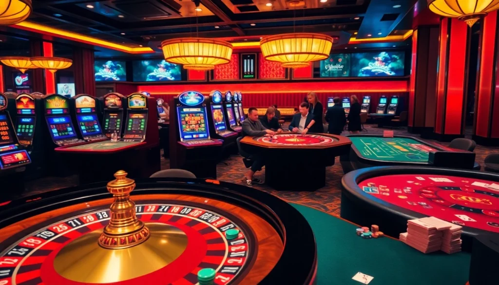 Explore the excitement of link mahjong at a luxurious casino, featuring vibrant poker and slot machines.