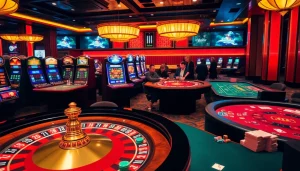 Explore the excitement of link mahjong at a luxurious casino, featuring vibrant poker and slot machines.