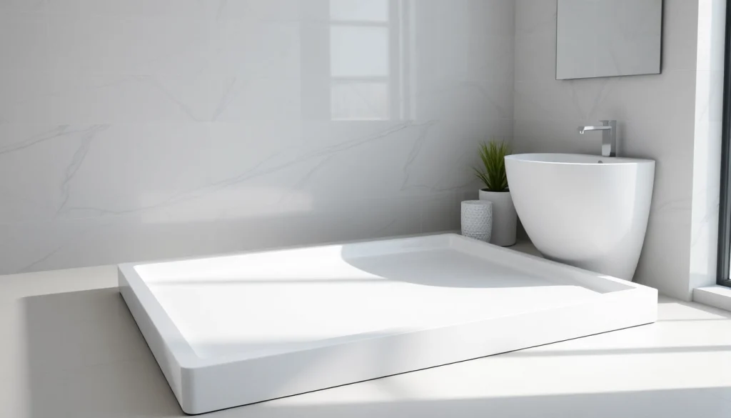 Showcase a modern shower base design in a stylish bathroom setting emphasizing sleek lines and smooth textures.