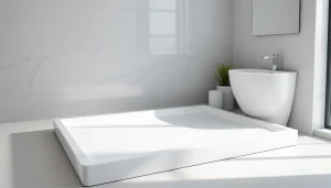 Showcase a modern shower base design in a stylish bathroom setting emphasizing sleek lines and smooth textures.