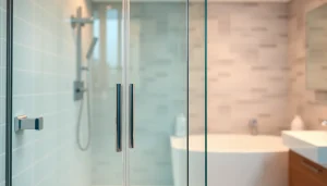 Beautiful shower screen door in a modern bathroom highlighting glass and chrome features.