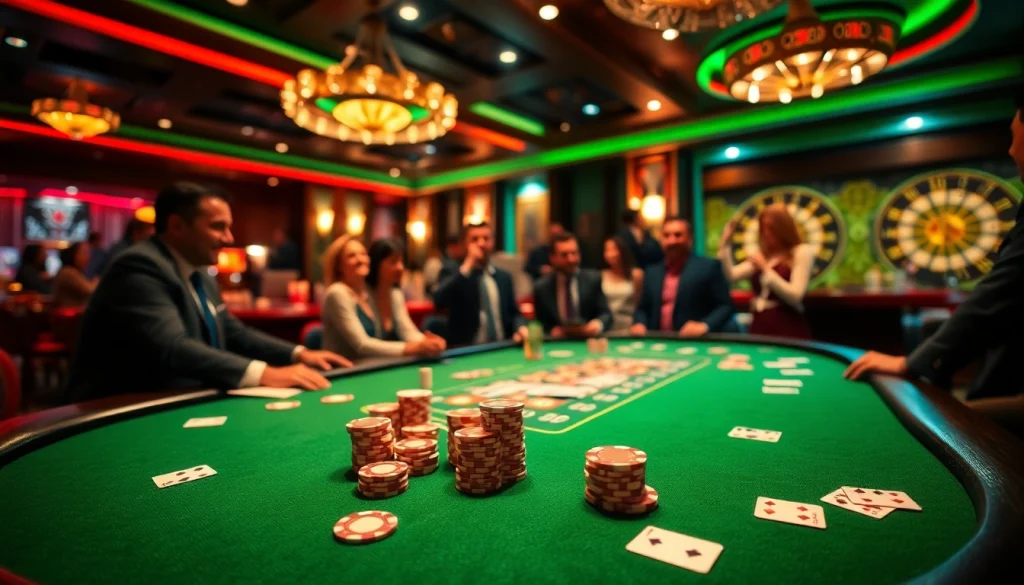 Players enjoying an NK88 game at a vibrant casino table filled with poker chips and cards.