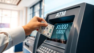 Proses deposit 1k dengan seseorang memasukkan uang tunai ke mesin ATM di bank.