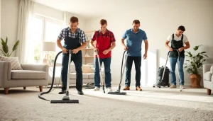 Local carpet cleaners caring for a beautiful carpet in a bright living room.
