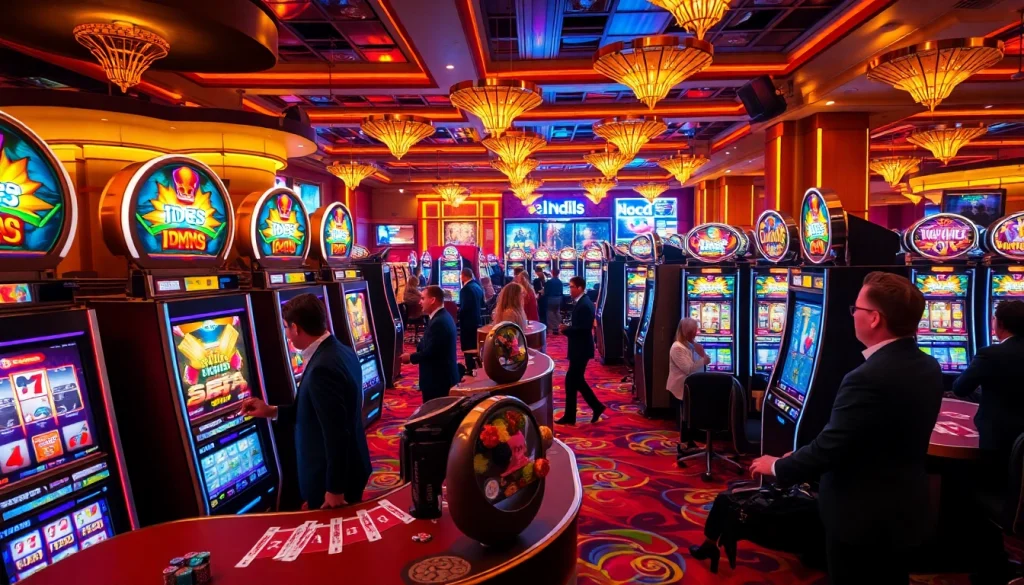 Players enjoying engaging idn slot machines in a luxurious casino ambiente.