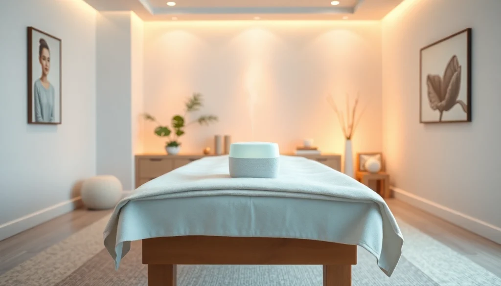 편안한 장식과 분위기 조명으로 특징 지어진 편안한 마사지 치료실.