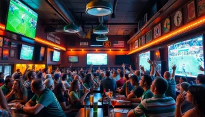 Exciting 토토스토리 sports bar scene with fans cheering for live games.