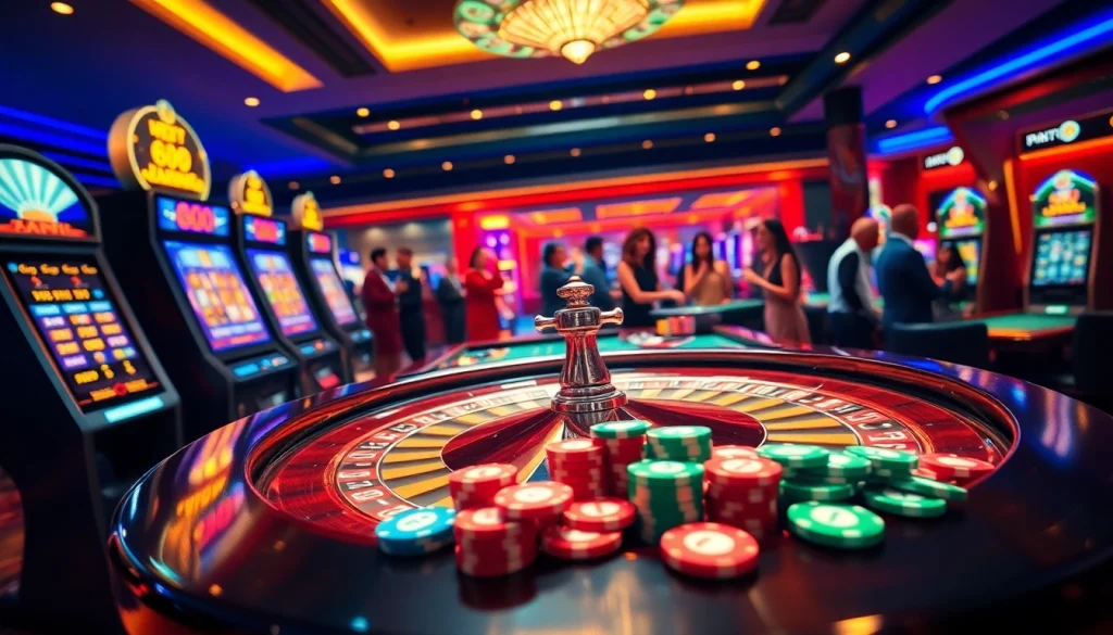 Dynamic 8kbet casino scene with roulette wheel, slot machines, and vibrant poker chips.