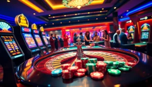 Dynamic 8kbet casino scene with roulette wheel, slot machines, and vibrant poker chips.