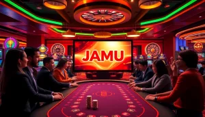 Gamble on JAMUslot alternatif with vibrant slot machines and joyful players in a lively casino atmosphere.
