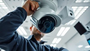 Técnico profesional de una empresa de seguridad instalando sistemas de vigilancia avanzados.