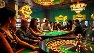 Engaging players at a luxurious TR88 casino, showcasing vibrant slot machines and poker tables.