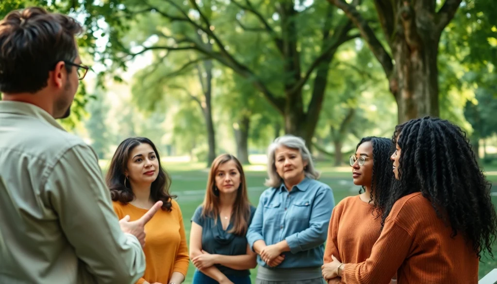 An engaging scene depicting individuals discussing anxiety symptoms in a natural, serene park environment.