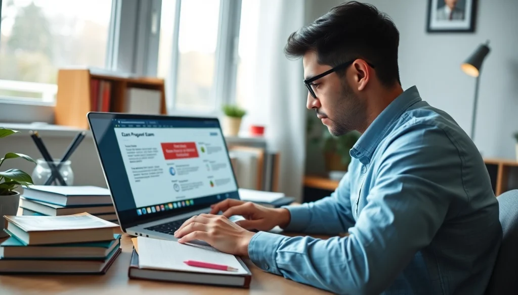 Engaged student using online exams help resources in a home office setting.