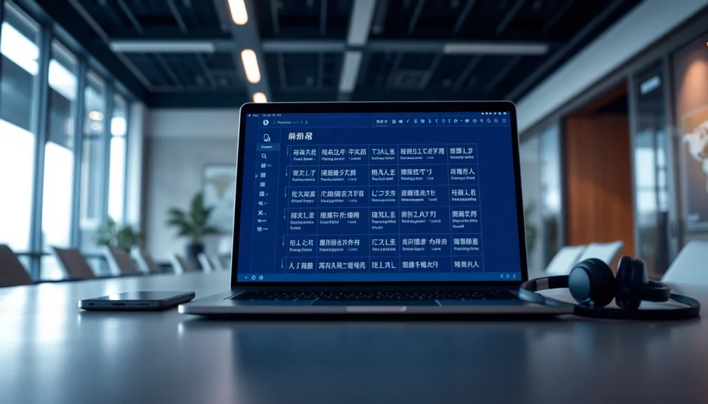 High-tech translation interface showcasing 有道翻译 app on a laptop in a modern office environment.
