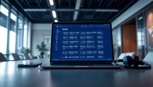 High-tech translation interface showcasing 有道翻译 app on a laptop in a modern office environment.