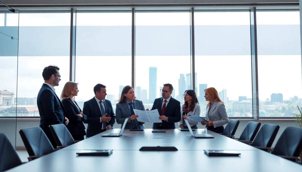 Engage investors around a table discussing luxembourg family holding strategies in a modern office.