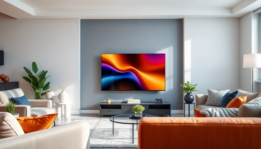 Wymiary telewizora w nowoczesnym salonie z eleganckim wystrojem i jasnym oświetleniem.