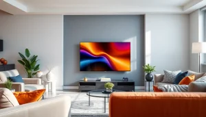 Wymiary telewizora w nowoczesnym salonie z eleganckim wystrojem i jasnym oświetleniem.