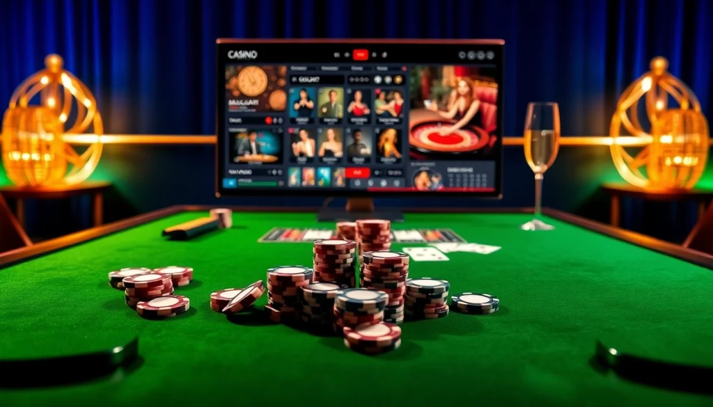 Une scène de casino en ligne France palpitante avec des jetons de poker, des cartes et une interface de jeu moderne.