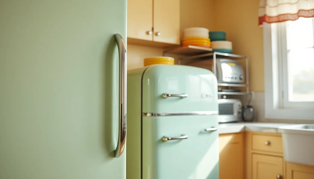 Admiring a retro appliance fridgerator in a vintage kitchen setting.