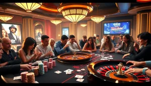 Navigating the excitement of "rebahin film" themed casino game with vibrant lights and active players.