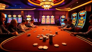 MABAR88 Win di kasino yang meriah dengan para pemain yang antusias berinteraksi di meja permainan yang elegan penuh chip poker dan kartu.