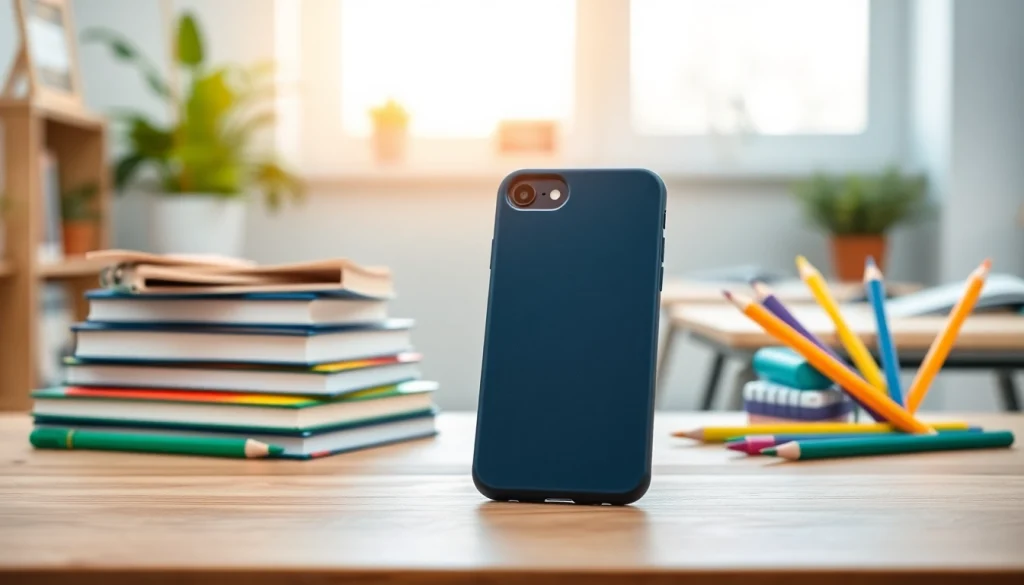 Handytasche Schule auf einem Schreibtisch, ideal für den Schulgebrauch mit praktischen Details.