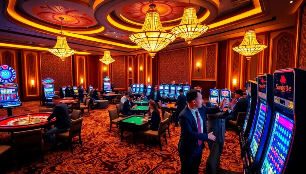 Exciting sbobet link alternatif interface displayed in a luxurious casino setting with poker and roulette tables.